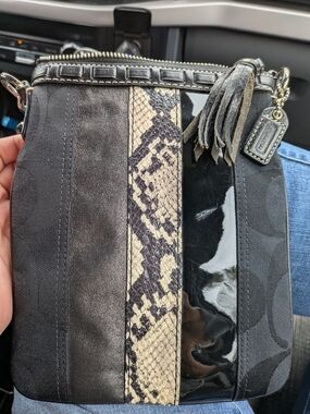 Coach Black Crossbody with Snake-Print Stripe and Patent Panel